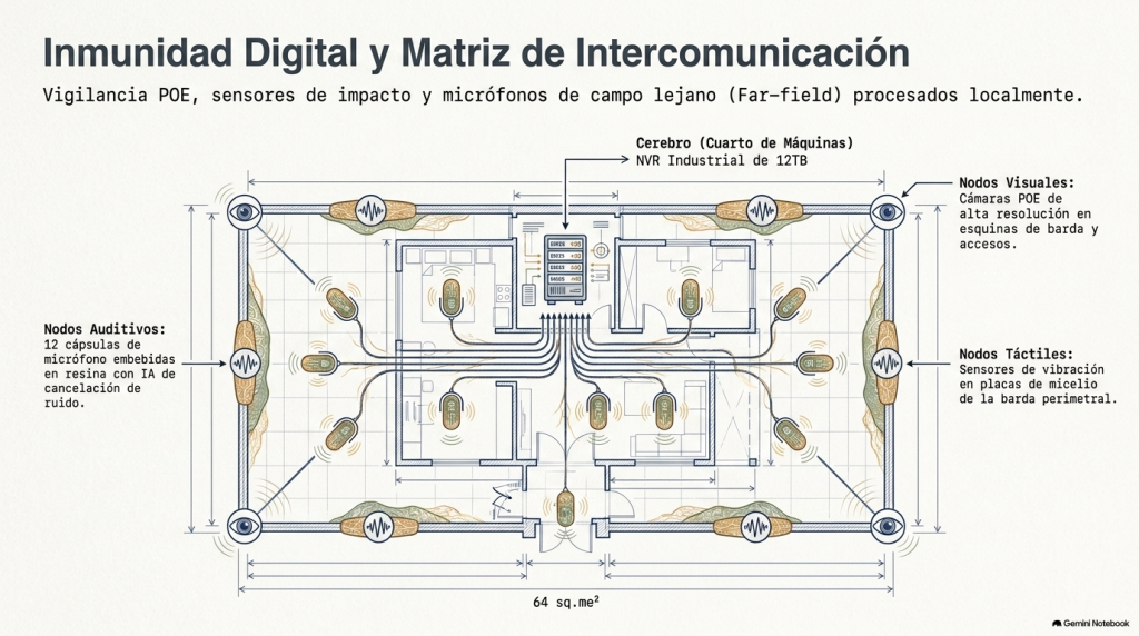 Plano de seguridad y monitoreo con sensores auditivos, visuales y táctiles integrados en toda la propiedad