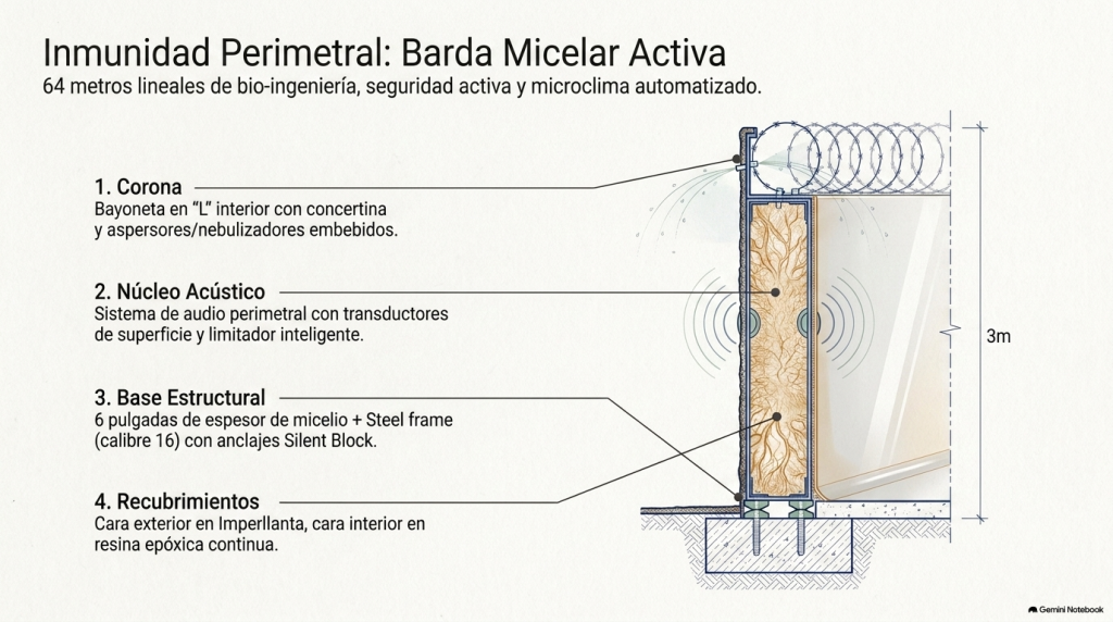 Características técnicas de la barda perimetral con núcleo de micelio, sistema de audio y seguridad activa