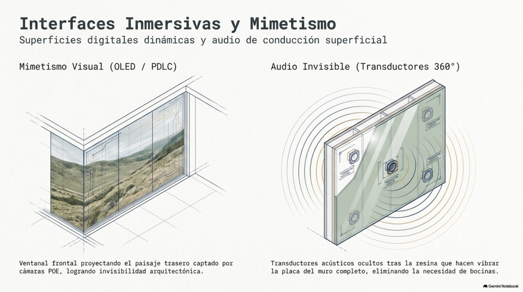 Tecnologías de mimetismo visual con pantallas OLED y audio invisible mediante transductores superficiales