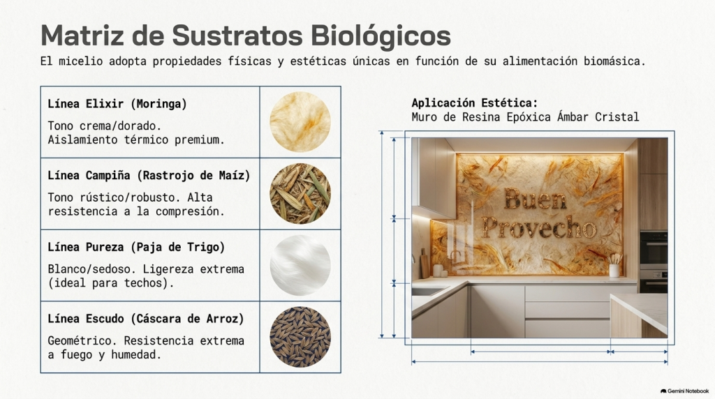 Matriz de sustratos de micelio según su alimentación y ejemplo de aplicación estética en un muro de cocina.