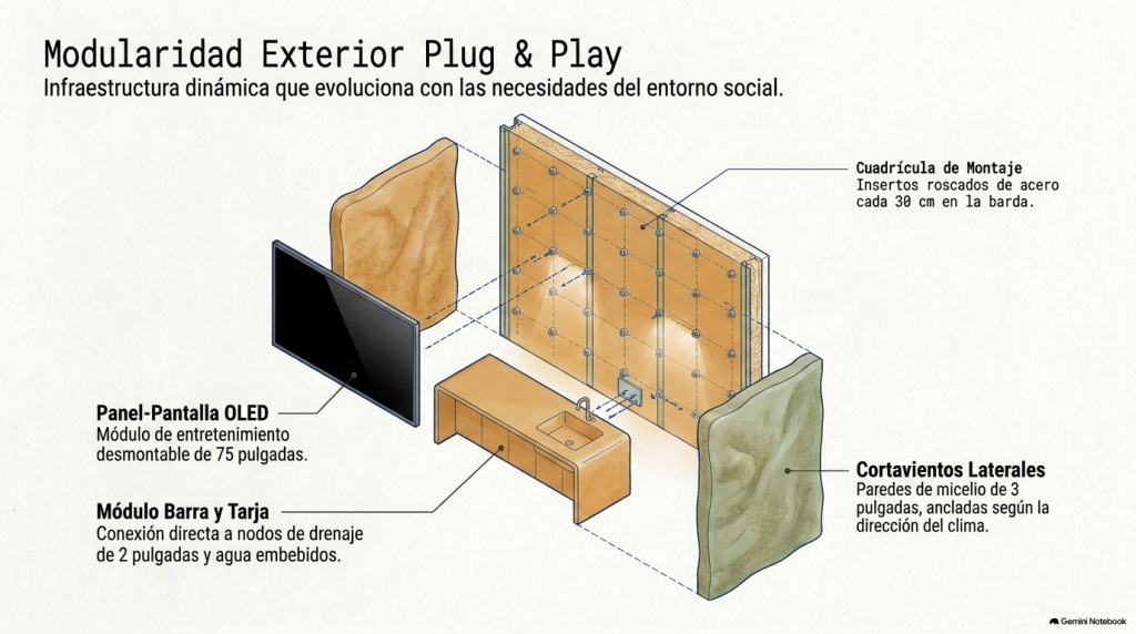 Sistema modular exterior que permite añadir pantallas, barras de servicio y muros cortavientos fácilmente