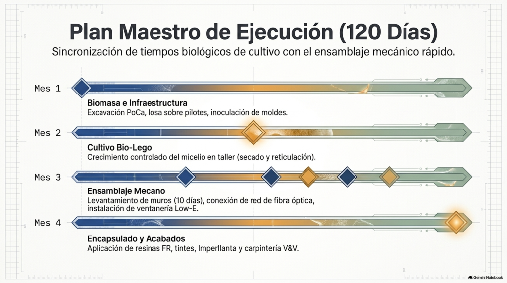 Cronograma de construcción de 120 días que coordina el cultivo biológico con el montaje de la estructura