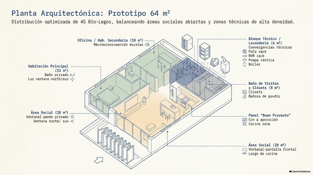 Planta arquitectónica del prototipo de 64 metros cuadrados detallando las áreas sociales, privadas y técnicas