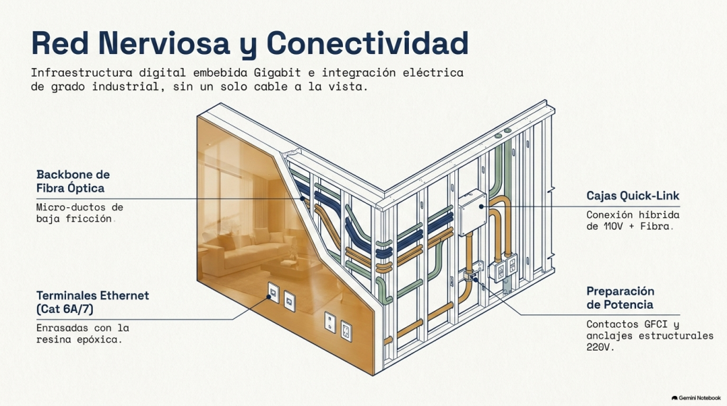 Esquema de la infraestructura digital y eléctrica oculta dentro de los paneles de resina epóxica