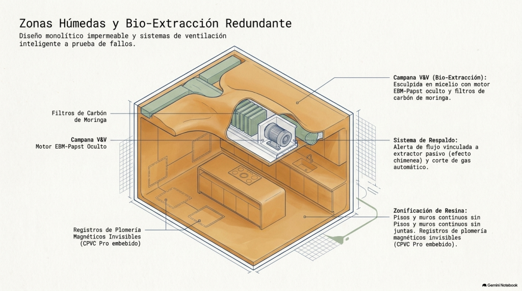 Diseño de cocinas con campanas de bio-extracción de micelio y sistemas de plomería magnética invisible